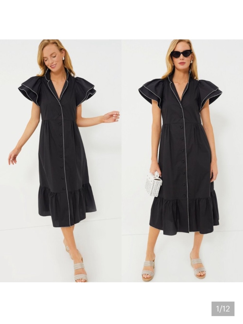 Tuckernuck Alice Black Ruffle-Sleeve Button-Front Midi Dress